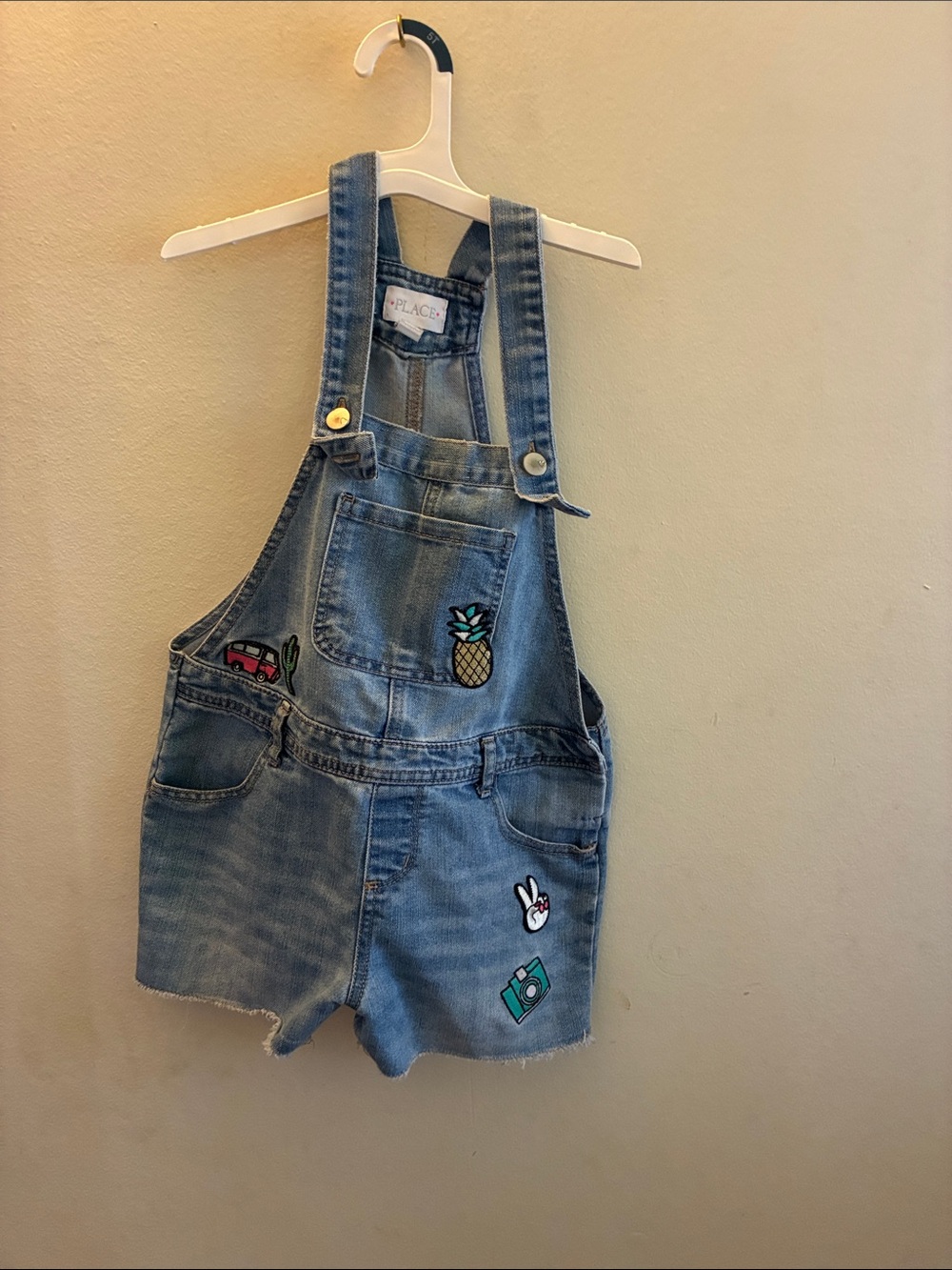 Girls' Light Blue Denim Short Overalls with Fun Patches